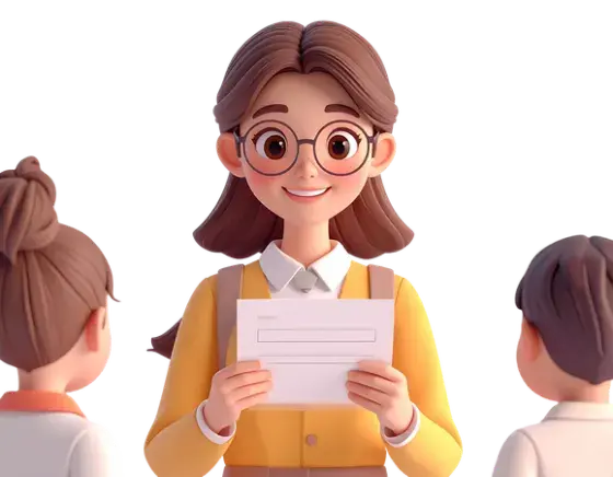 Illustration of a teacher with a quiz and two students.